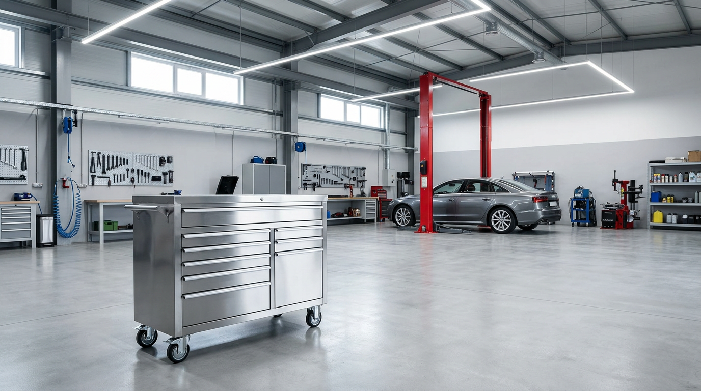 Professional automotive workshop with a large metal tool trolley