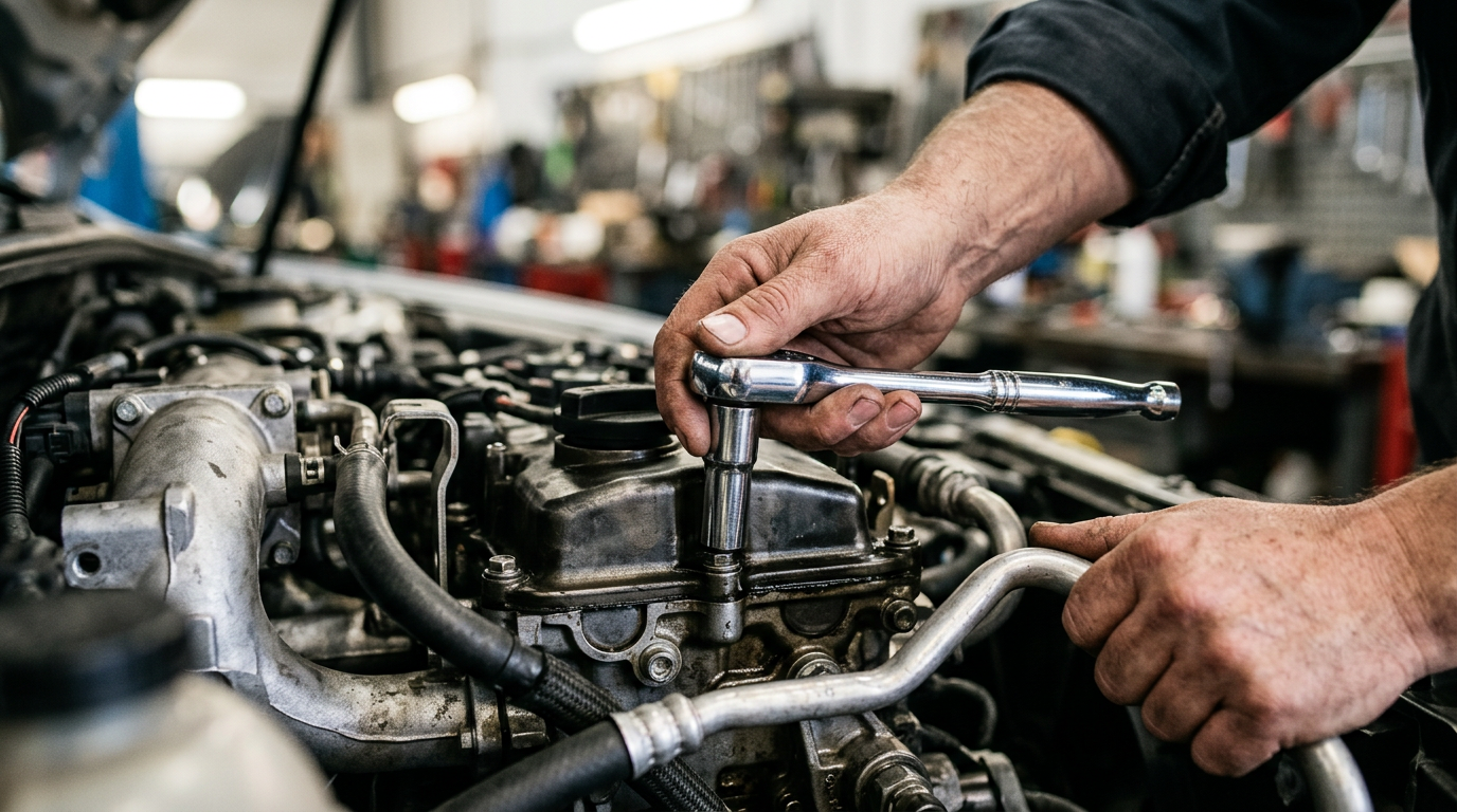 Mechanic's hands using a chrome socket wrench on an engine