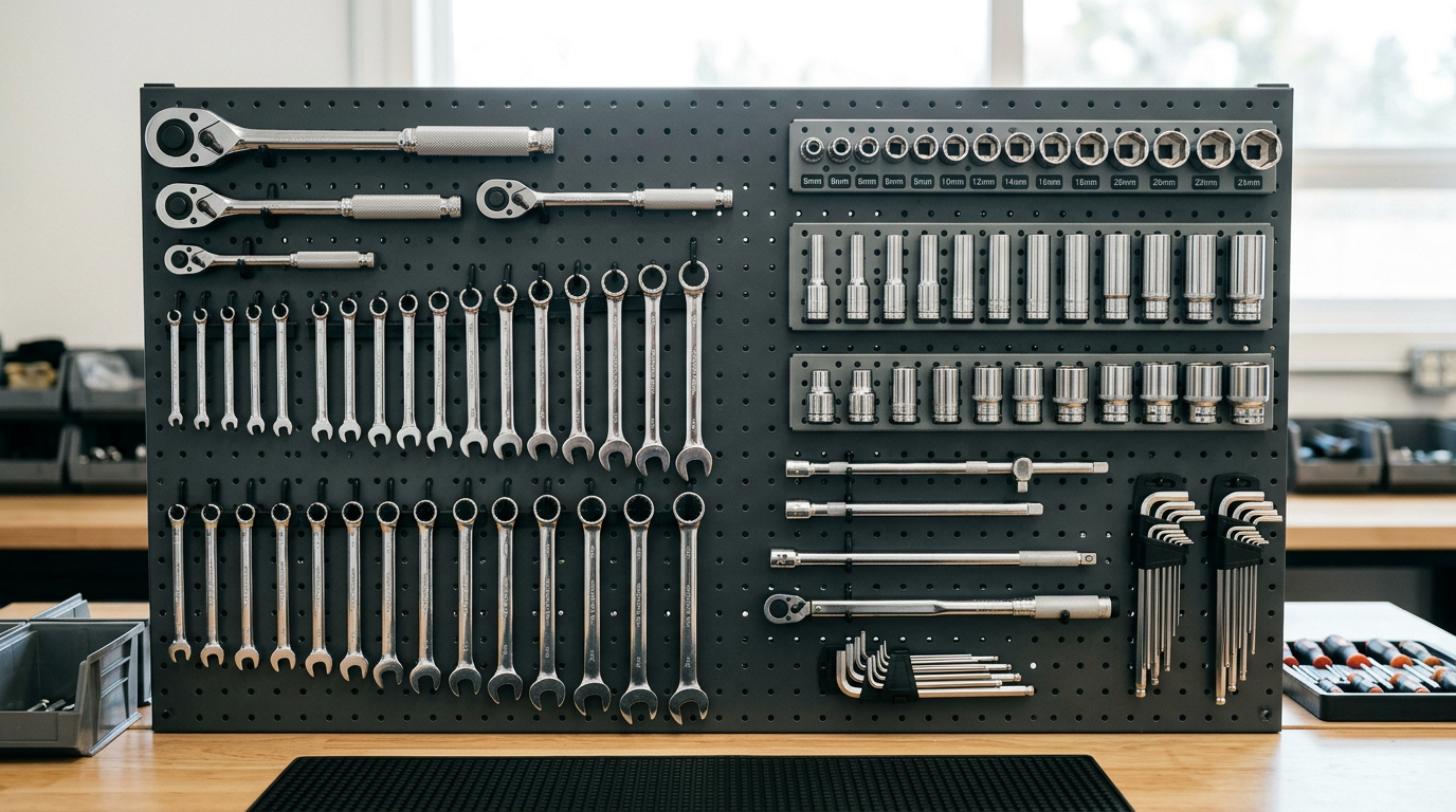 Organized wall of professional hand tools