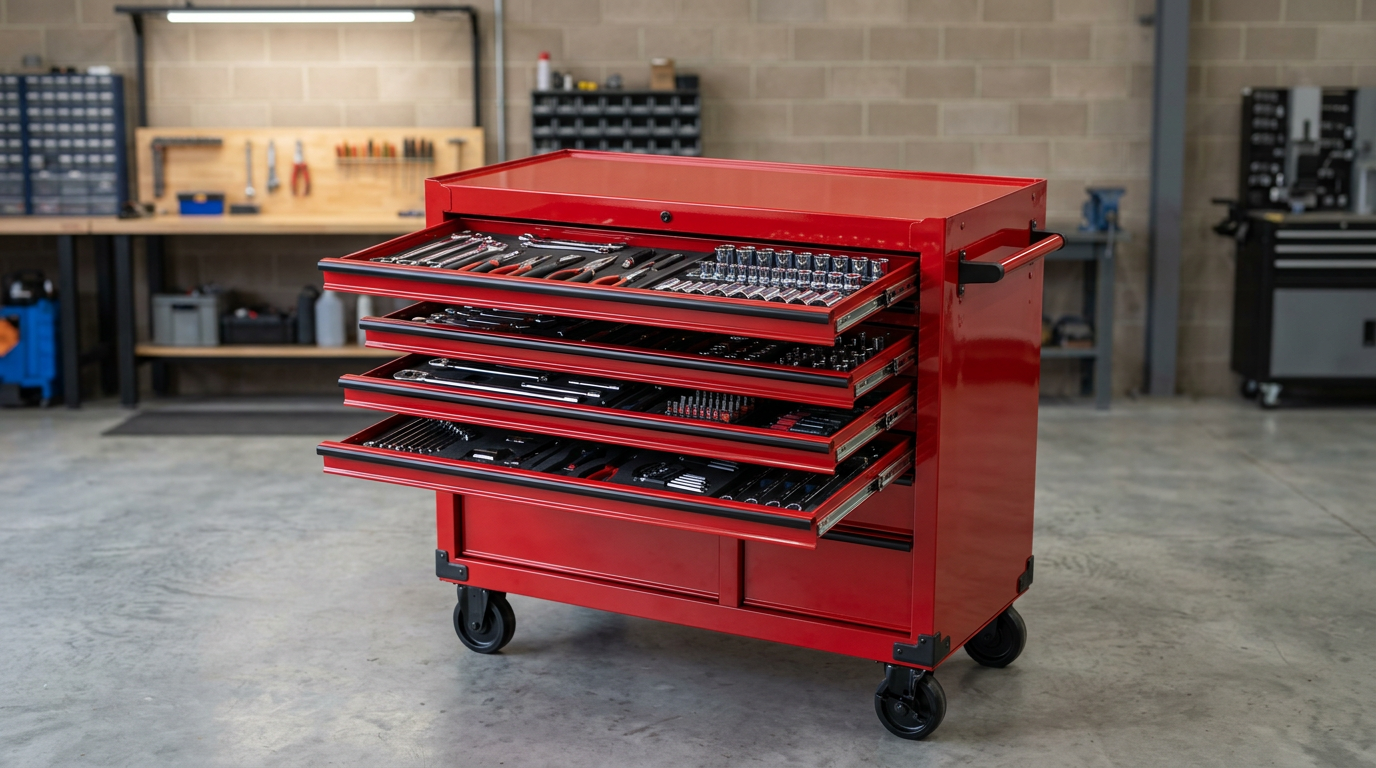 Heavy-duty red tool chest roller cabinet with open drawers