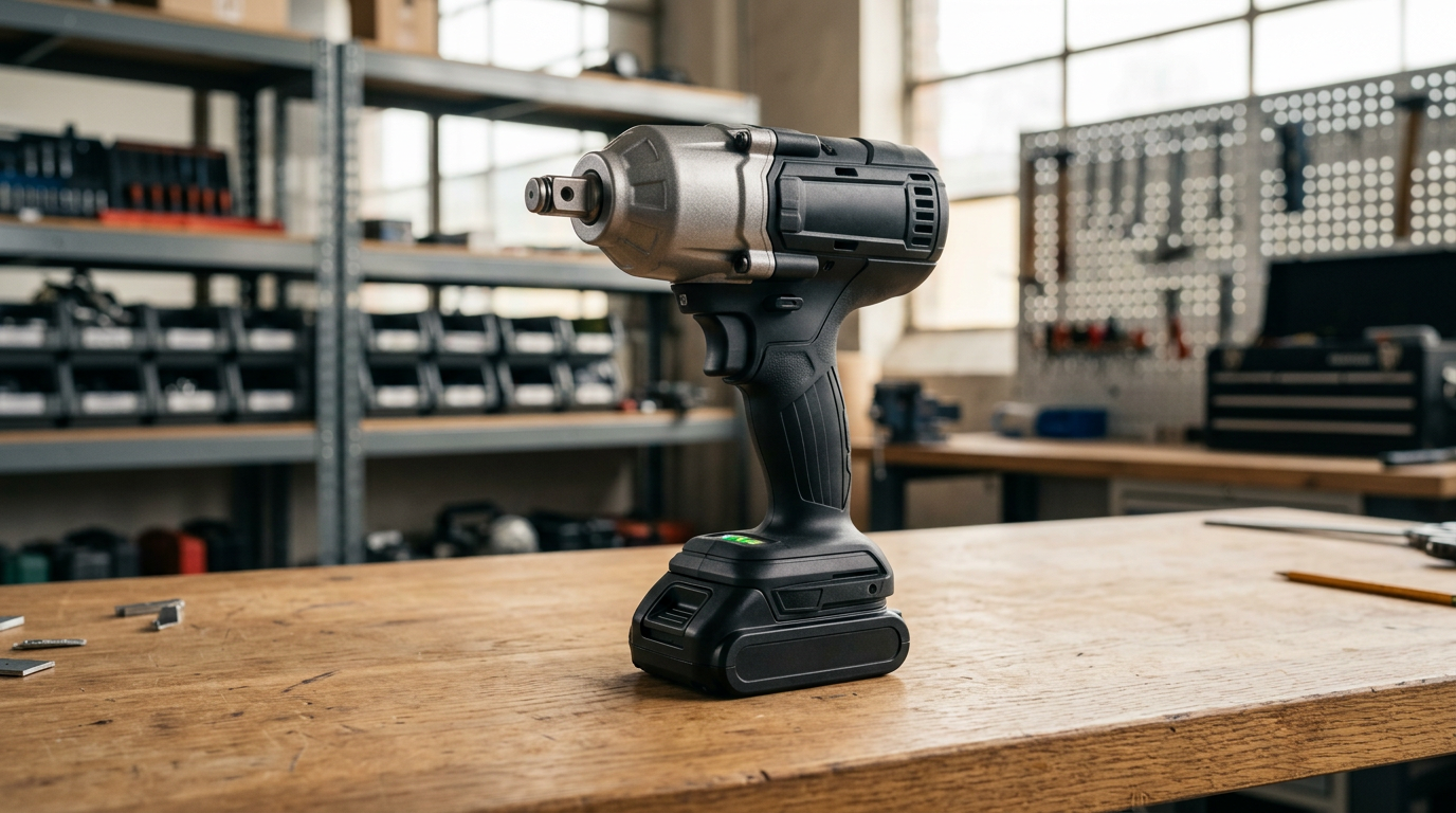 Cordless brushless impact wrench on a workbench