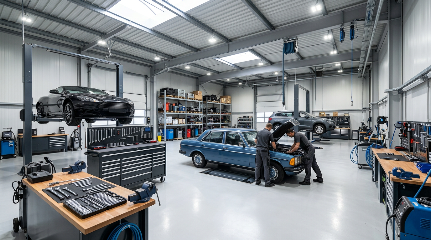 Bright professional mechanic workshop with tools and equipment